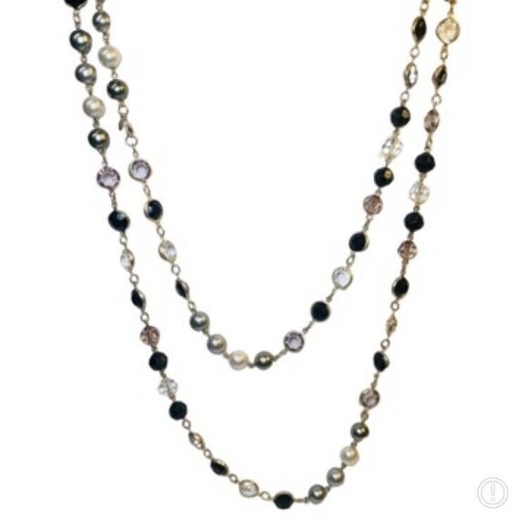 Vintage Black & White Rivoli Beaded Layering Necklace 60" Silver Tone - Picture 4 of 12